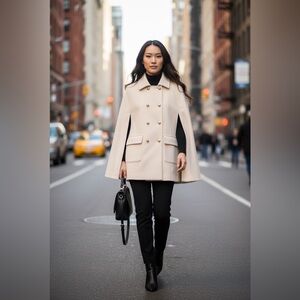 Cream double breasted w gold buttons cape pea coat with 2 large flap pockets NWT